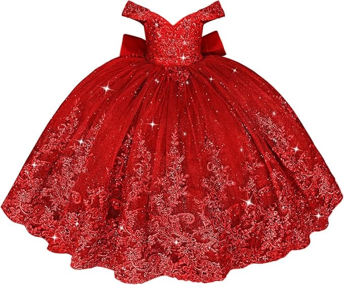 Red / 18m Sunnypetal Off Shoulder Sweetheart Lace Tulle Flower Girl Pageant Dress with Bow