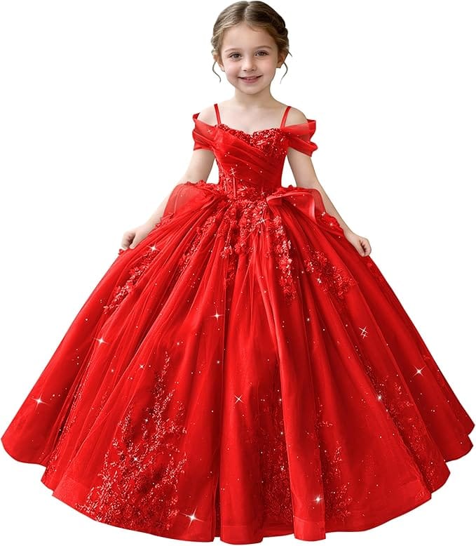 Red / 18m Sunnypetal Off-Shoulderl 3D Lace Appliqué Tiered Ruffle Flower Girl Dress for Pageant