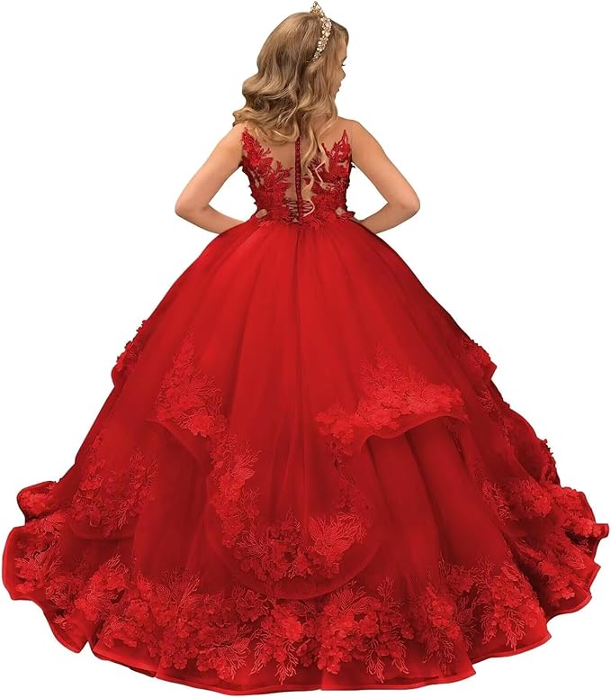 Red / 18m Sunnypetal Pink Lace Appliques Floral Flower Girl Dresses Birthday Party Princess Dresss