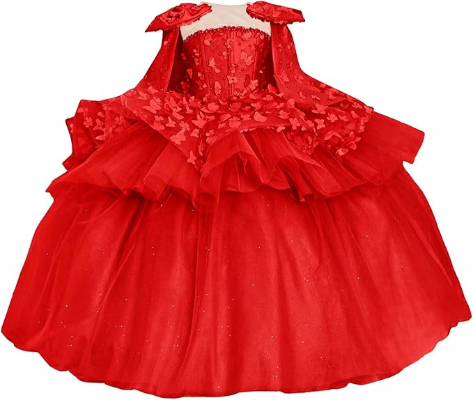 Red / 18m Sunnypetal Princess Pink Tulle Ball Gown Flower Girl Dress with Butterfly Appliqués and Cape
