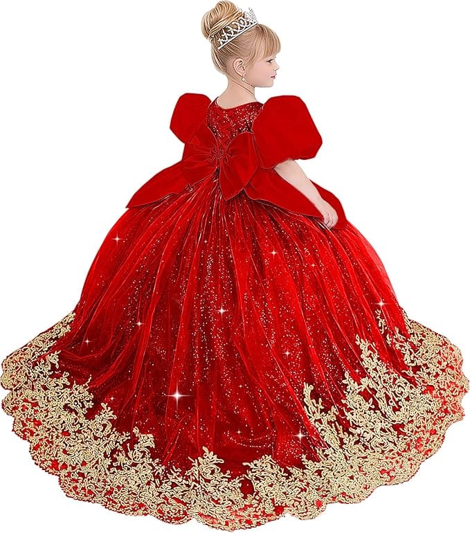 Red / 18m Sunnypetal Princess Sky Blue Tulle Lace Flower Girl Dress with Bow and Puff Sleeves