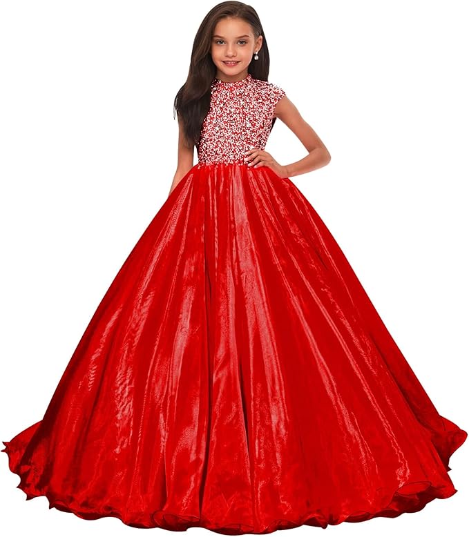 Red / 18m Sunnypetal Sparkling Hot Pink Ball Gown Flower Girl Dress with Rhinestones Beaded Bodice