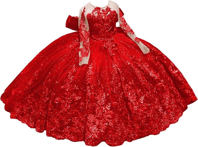 Red / 18m Sunnypetal Sparkling Long Sleeve Lace Tulle Flower Girl Dress with Glitter Appliqué &amp; Bow