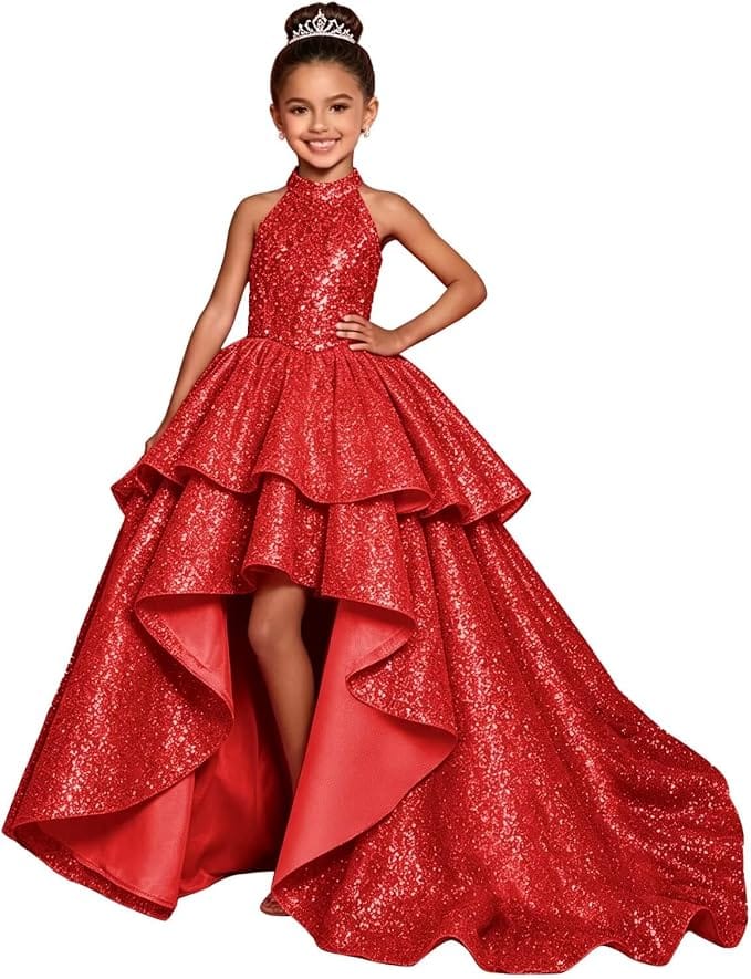 Red / 18m Sunnypetal Sparkly Sequin Halter High Low Flower Girl Dress Pageant Gown