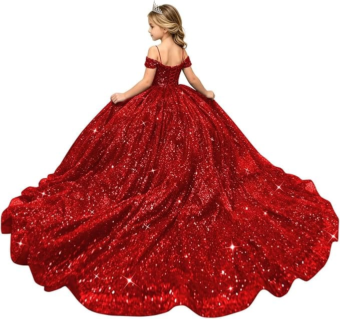 Red / 18m Sunnypetal Sparkly Sequin Off-Shoulder Princess Ball Gown Flower Girl Dress for Pageant
