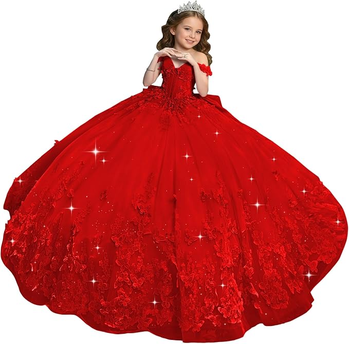 Red / 18m Sunnypetal Sweetheart Neck 3D Butterfly Tulle Flower Girl Dress with Big Bow