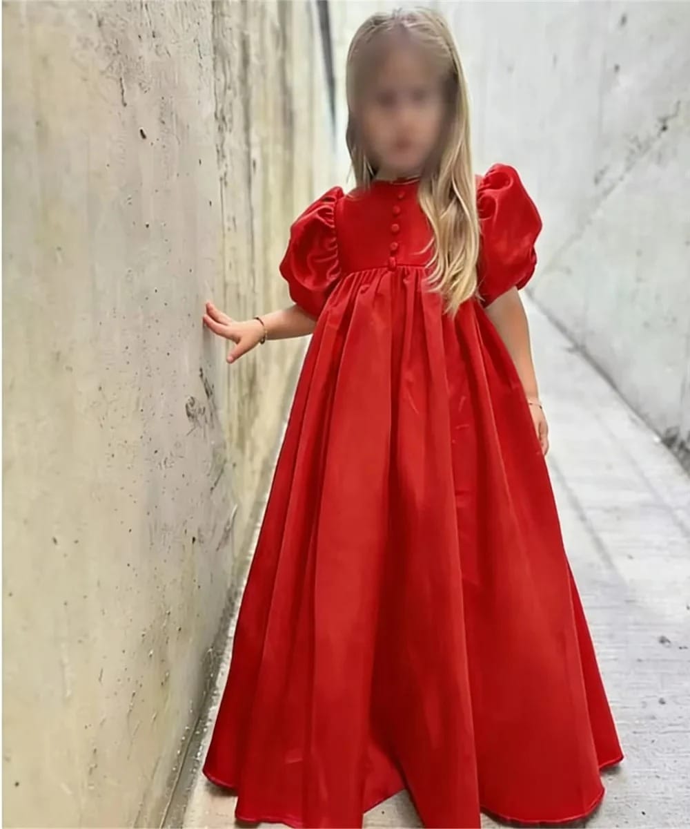 Red / 3m Sunnypetal Elegant Puffy Sleeve Satin Floor-Length Princess Flower Girl Dresses