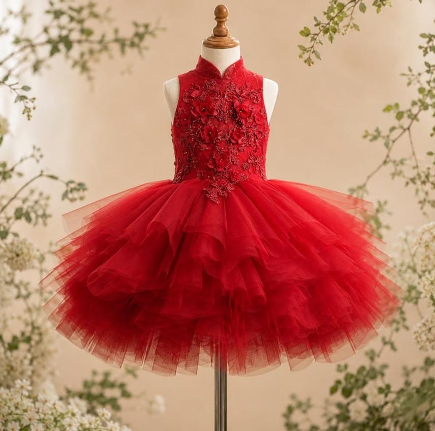 Red / 3m Sunnypetal Elegant Red Floral Tulle Ball Gown Flower Girl Dress with 3D Appliqués