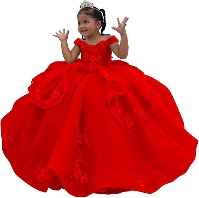 Red / 3m Sunnypetal Enchanted Sage Green Tulle Ball Gown Flower Girl Dress with Floral Appliqués