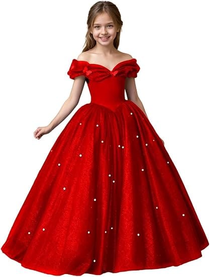 Red / 3m Sunnypetal Exquisite Off-Shoulder Tulle Flower Girl Dress for Special Occasions