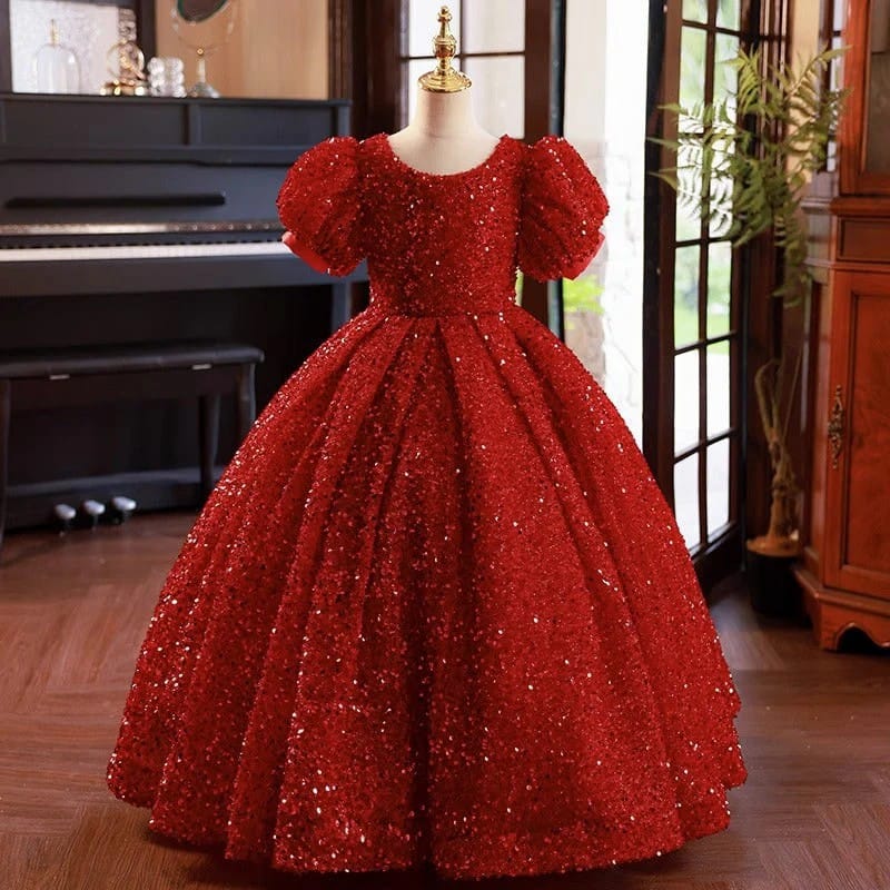 Red / 3m Sunnypetal Sparkling Red Sequin Ball Gown Flower Girl Dress for Special Occasions