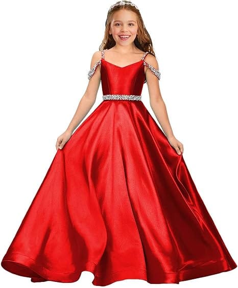 Red / 9m Sunnypetal Luxury Off-Shoulder Satin Rhinestone Flower Girl Princess Gown
