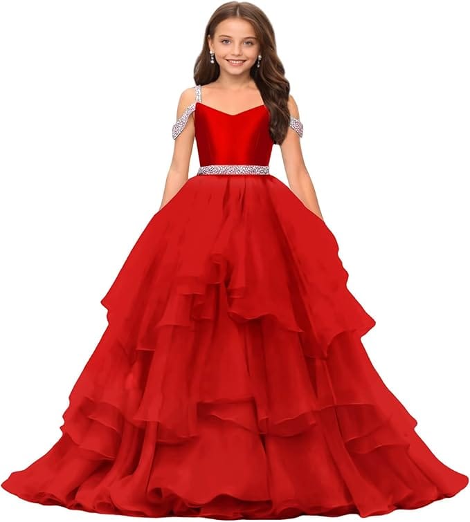 Red / 9m Sunnypetal Off-Shoulder Sweetheart Puffy Tulle Flower Girl Dress with Beaded Details