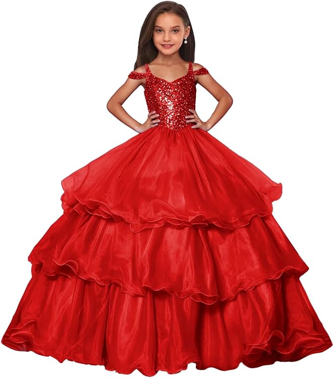 Red / 9m Sunnypetal Sparkly Sequin Organza Off Shoulder Ball Gown Flower Girl Dress for Pageant