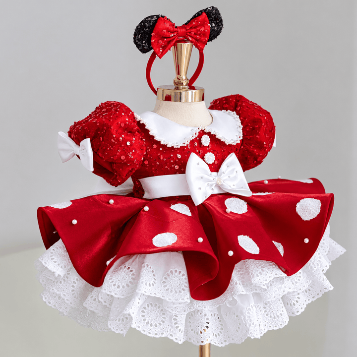 Red and White / 3m Sunnypetal Elegant Red Sequin Birthday Dress for Girls with Oversized Bow