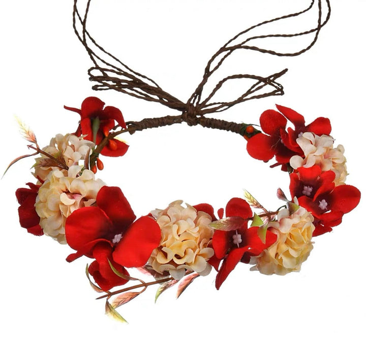 Red Champagne Flower Headband for Girl, Fairy Headpiece with Ribbon for Wedding, Festival, Party