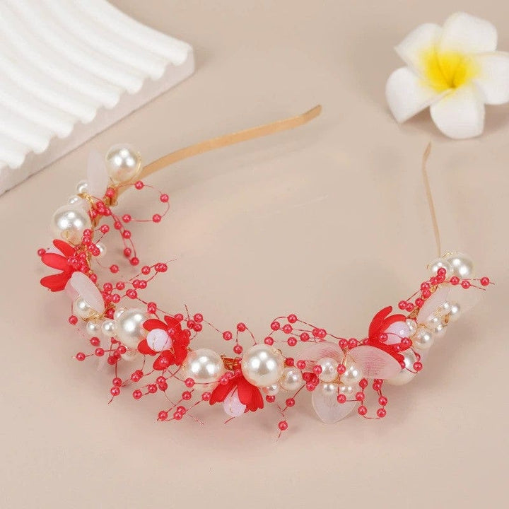 Red Sunnypetal Children's hHairband Pearl Flower Headband Hand-Woven Headdress