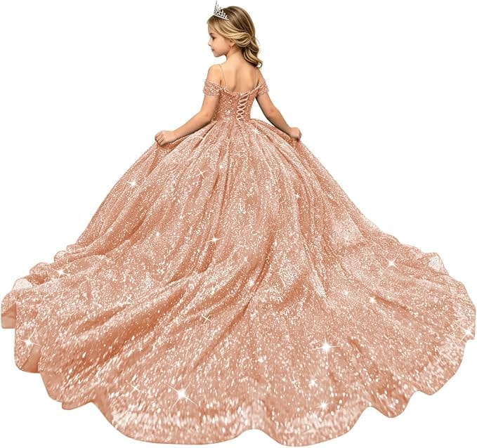 Rose Gold / 18m Sunnypetal Sparkly Sequin Off-Shoulder Princess Ball Gown Flower Girl Dress for Pageant