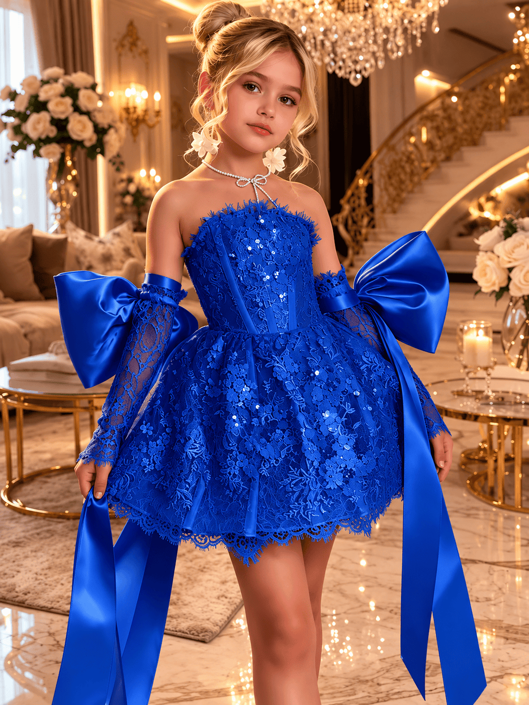 Royal Blue / 12m Sunnypetal Dreamy Light Blue Lace Flower Girl Dress with Oversized Bows for Special Occasions
