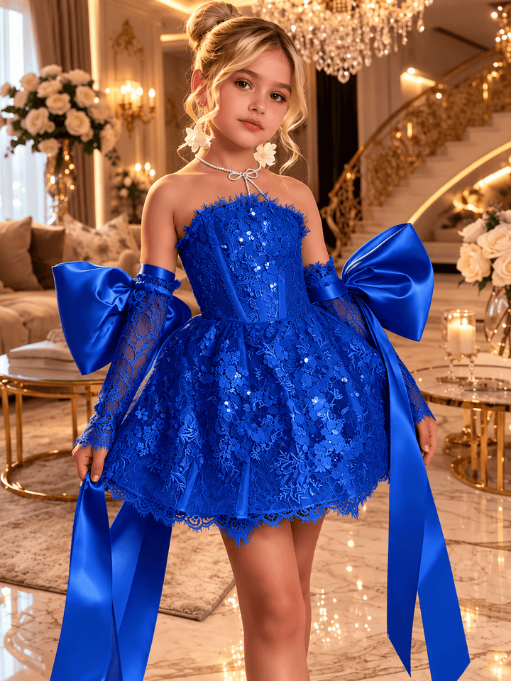 Royal Blue / 12m Sunnypetal Dreamy Light Blue Lace Flower Girl Dress with Oversized Bows for Special Occasions