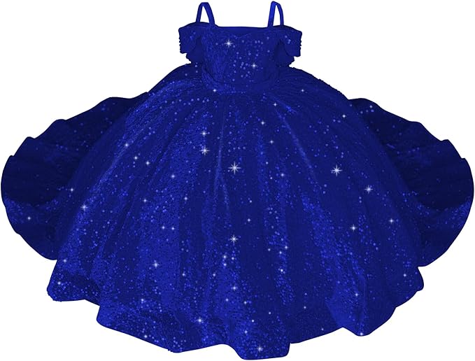 Royal Blue / 18m Sparkly Off-Shoulder Sequin Flower Girl Pageant Dress Princess Ball Gown with Bow