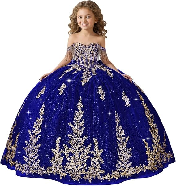 Royal Blue / 18m Sunnypetal Black Off-Shoulder Floral Embroidery Flower Girl Ball Gown