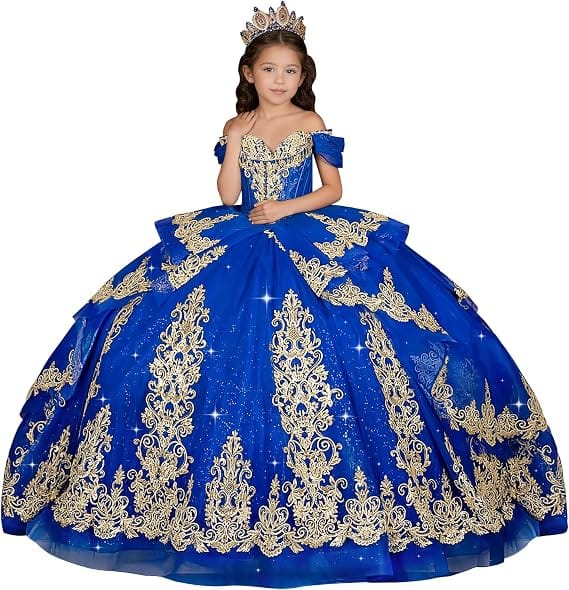 Royal Blue / 18m Sunnypetal Elegant Gold Appliqué Off-Shoulder Flower Girl Dress with Tassel Details