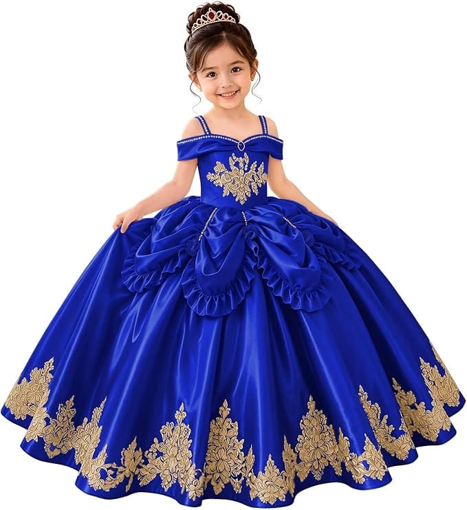Royal Blue / 18m Sunnypetal Elegant Golden Satin Princess Flower Girl Dress with Bow