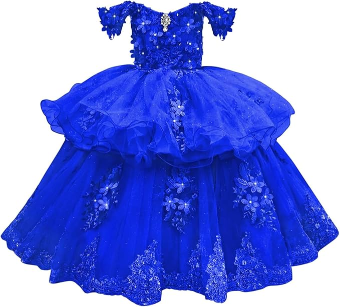 Royal Blue / 18m Sunnypetal Elegant Off-Shoulder Tulle Ball Gown Flower Girl Dress with 3D Floral Appliqués