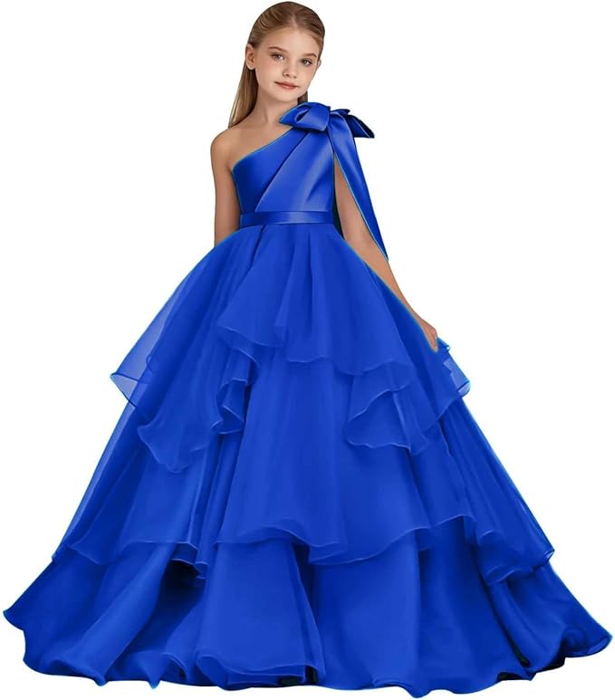 Royal Blue / 18m Sunnypetal Elegant One-Shoulder Satin Tulle Flower Girl Pageant Dress for Special Occasions
