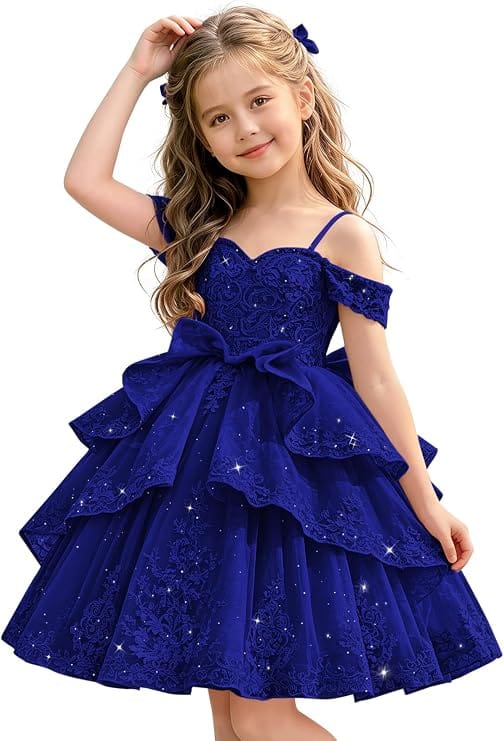 Royal Blue / 18m Sunnypetal Elegant Sweetheart Lace Applique Princess Bow Flower Girl Pageant Dress