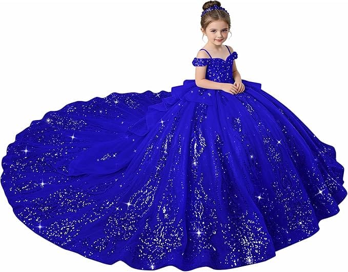 Royal Blue / 18m Sunnypetal Enchanted Blue Off-Shoulder Flower Girl Princess Ball Gown with Sparkling Appliqués