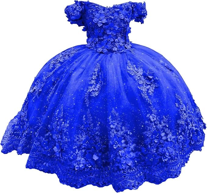 Royal Blue / 18m Sunnypetal Enchanted Ice Blue Tulle Ball Gown Flower Girl Dress with 3D Floral Appliqués