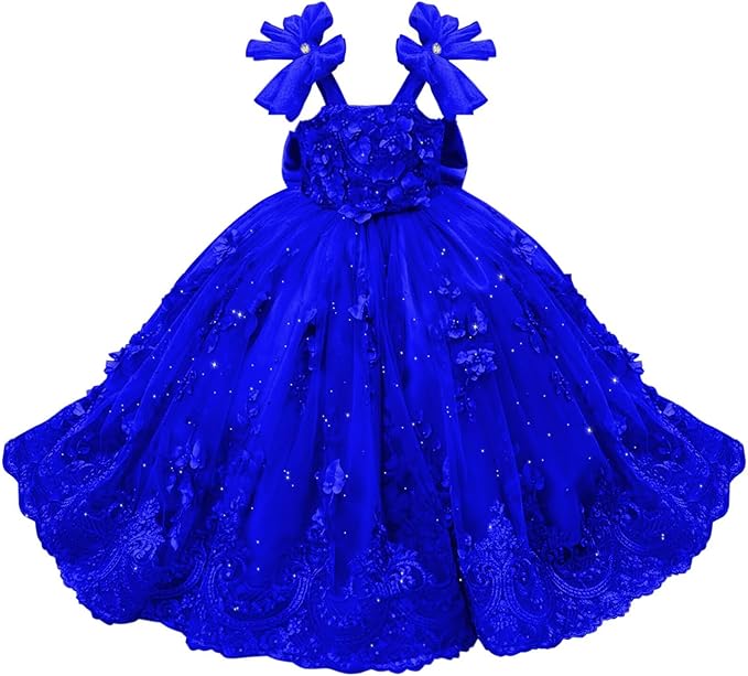 Royal Blue / 18m Sunnypetal Enchanted Mint Green Tulle Ball Gown Flower Girl Dress with 3D Floral Appliqués