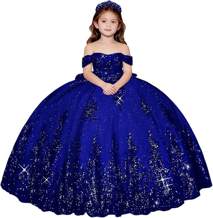 Royal Blue / 18m Sunnypetal Enchanted Off-Shoulder Tulle Ball Gown Flower Girl Dress with Lace Appliqués