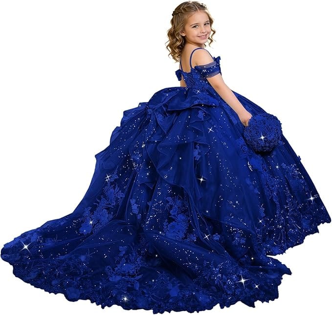 Royal Blue / 18m Sunnypetal Exquisite 3D Floral Lace Applique Ruffle Tulle Flower Girl Ball Gown with Bow