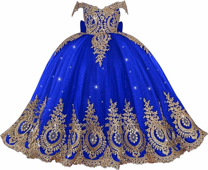 Royal Blue / 18m Sunnypetal Exquisite Gold Appliqué Off-Shoulder Princess Flower Girl Dress with Bow