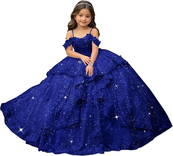 Royal Blue / 18m Sunnypetal Exquisite Off-Shoulder 3D Floral Appliqué Pageant Flower Girl Gown