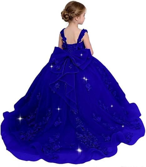 Royal Blue / 18m Sunnypetal Exquisite Off-Shoulder 3D Floral Glitter Tulle Ball Gown Flower Girl Dress with Bow