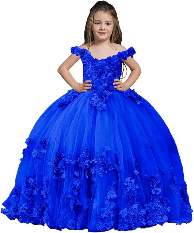 Royal Blue / 18m Sunnypetal Exquisite Off-Shoulder Tulle 3D Floral Flower Girl Princess Dress with Satin Bow