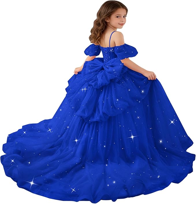 Royal Blue / 18m Sunnypetal Girls Spaghetti Strap Glitter Tulle Ball Gown with Lace Appliqués &amp; Bow