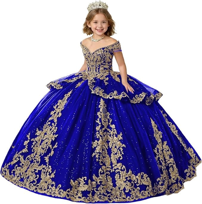 Royal Blue / 18m Sunnypetal Gold Applique Off Shoulder Flower Girl Dress with Tassels Crystal &amp; Bow