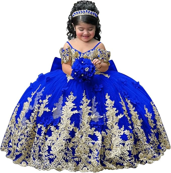 Royal Blue / 18m Sunnypetal Gorgeous Gold Appliqués Tulle Flower Girl Ball Gown with Bow and 3D Butterflies