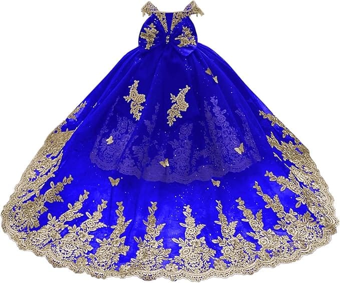Royal Blue / 18m Sunnypetal Gorgeous Off-Shoulder Sweetheart Tulle Flower Girl Dress with Gold Embroidery