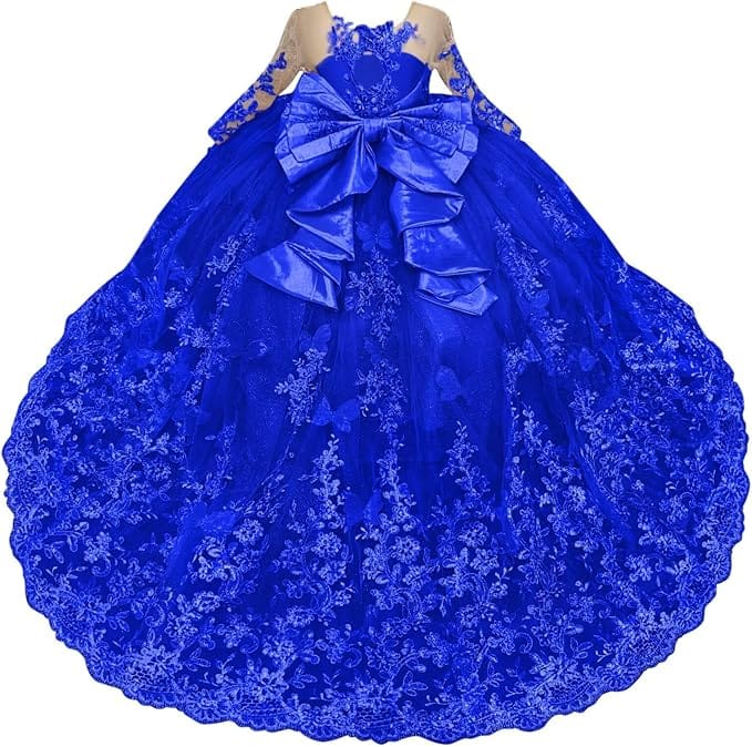 Royal Blue / 18m Sunnypetal Lace Long Sleeve Ball Gown Flower Girl Dress with 3D Butterflies and Satin Bow