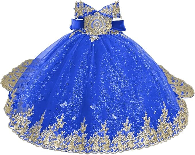 Royal Blue / 18m Sunnypetal Luxury Emerald Green Lace Appliqué Tulle Ball Gown Flower Girl Dress with Royal Train