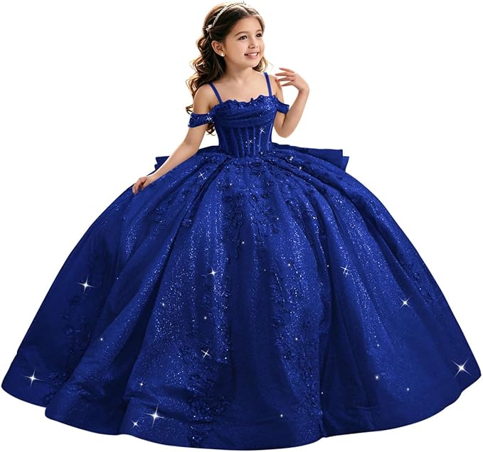 Royal Blue / 18m Sunnypetal Luxury Glitter Tulle Off-Shoulder Ball Gown Flower Girl Dress with Train