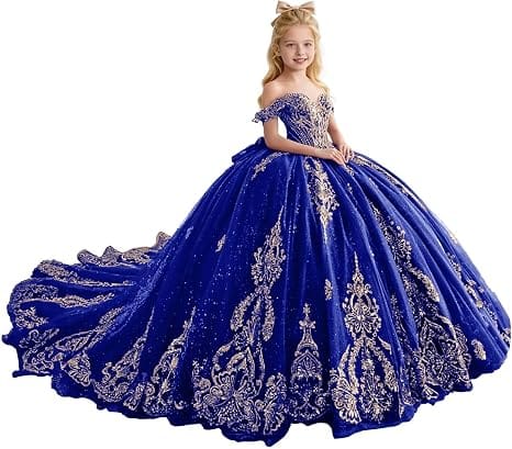 Royal Blue / 18m Sunnypetal Luxury Gold Appliqué Glitter Tulle Flower Girl Gown with Oversized Bow