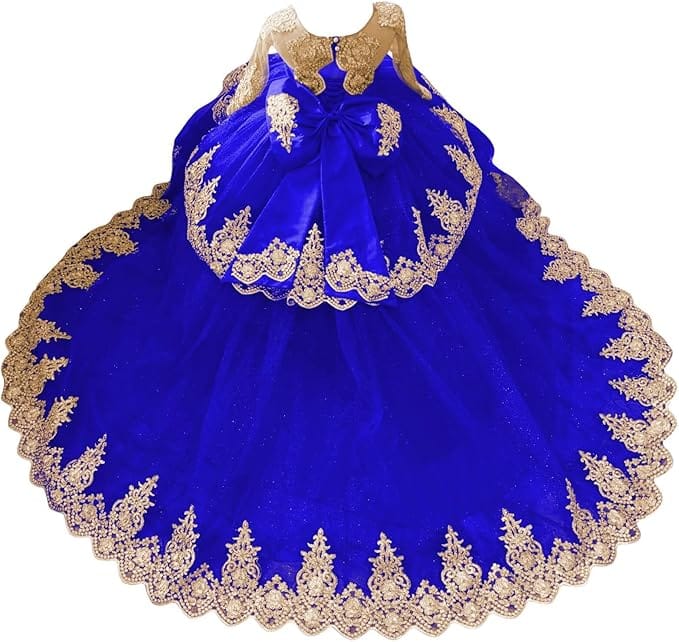 Royal Blue / 18m Sunnypetal Luxury Gold Lace Appliqué Tulle Ball Gown Flower Girl Dress with Royal Train