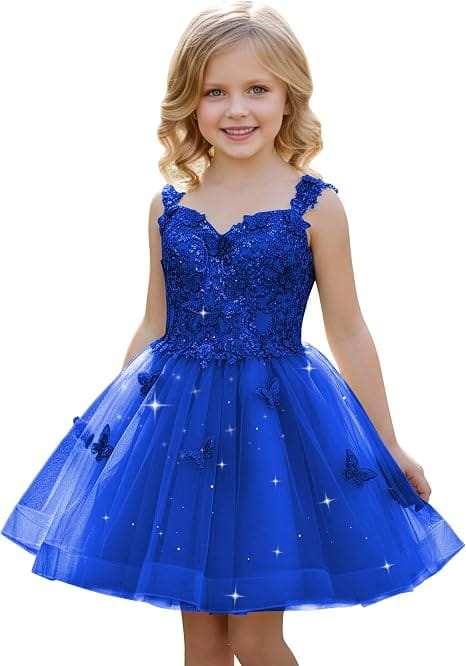 Royal Blue / 18m Sunnypetal Luxury Mint Green Butterfly Lace Flower Girl Dress